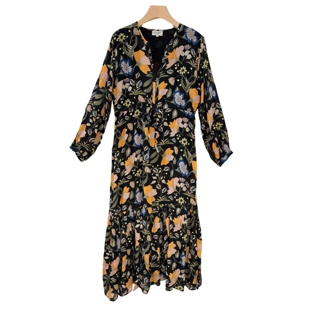 Olivia James the Label Lydia Long Sleeve Fall Floral Midi Dress Black Viscose - Picture 2 of 8